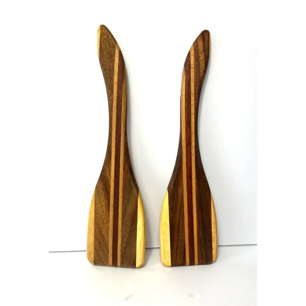 Vintage Striped Wooden Salad Servers 12